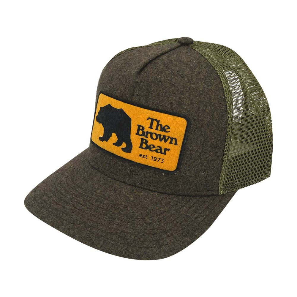 The Brown Bear' Merch High Crown Trucker Hat with Woven Label Brown