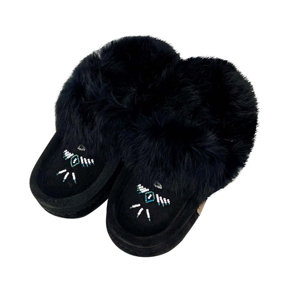 Women's Native American Style Rabbit Fur Trimmed Moccasin Slippers ...